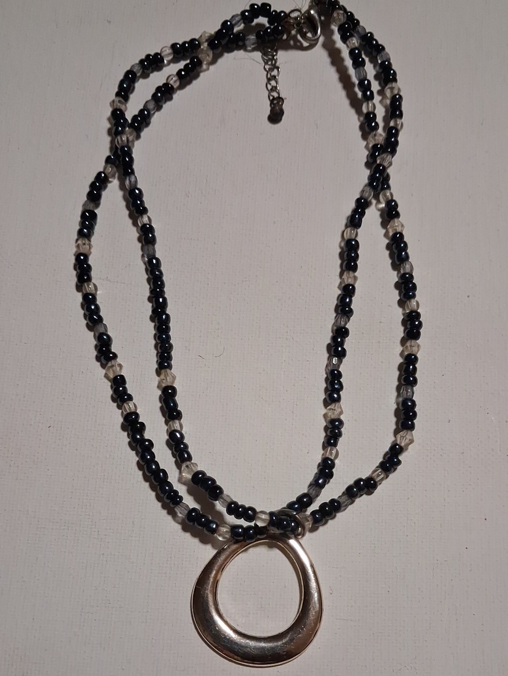 Black Beaded Double-Strand Necklace with Silver Pendant